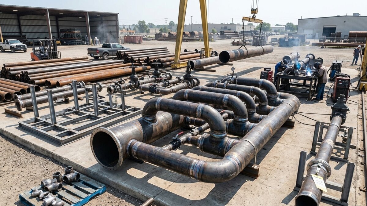 Racorduri de țevi sudate, interconectate cu flanșe, într-o curte de șantier industrial cu conducte stocate în plan îndepărtat