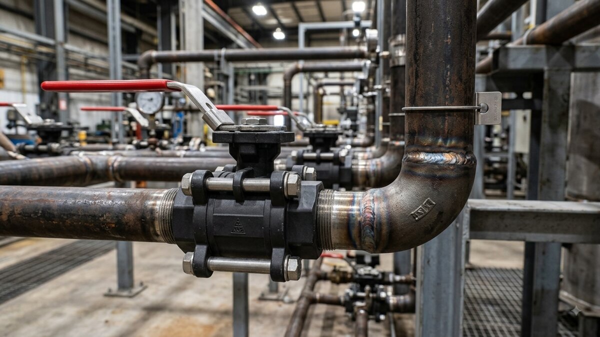 Robinet cu bilă din trei piese montat pe o țeavă cu coturi sudate, într-o instalație industrială